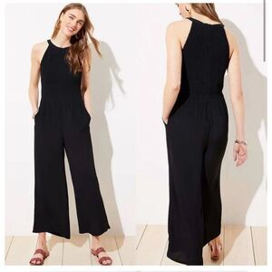 Loft Smocked Black Halter Wide Leg Jumpsuit, Size 14 (C1)